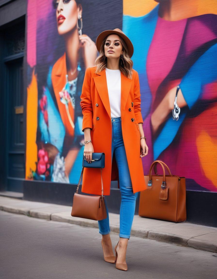 A stylish modern blogger standing confidently in a chic urban setting, surrounded by vibrant fashion accessories like handbags and shoes. She is documenting her outfit with a camera, showcasing the latest trends. The background features a colorful mural that reflects the excitement of fashion and creativity. Incorporate elements like a laptop and notepad nearby to signify the blogging aspect. super-realistic. vibrant colors. urban street style.