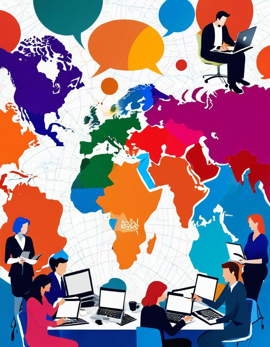A vibrant and dynamic illustration of a diverse group of bloggers engaging in discussions around laptops and notebooks, set against a digital map of the blogosphere with icons representing different blogging niches. Include elements of style, content creation, and community, such as lightbulbs for ideas, a globe for global reach, and colorful speech bubbles. The scene is lively and inviting, encouraging collaboration and creativity. colorful illustration. vibrant colors. 3D effect.