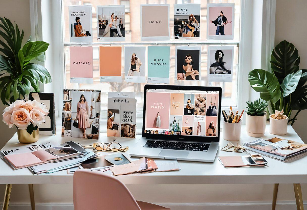A stylish, modern workspace featuring an elegant laptop displaying a fashion blog page with trending outfits, surrounded by fashion magazines, trendy accessories, and a mood board with color swatches. Soft natural light filters through a window, illuminating the scene with a chic and aspirational vibe. super-realistic. vibrant colors. light pastel background.